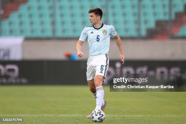 Kieran Tierney of Scotland controls the ball during the international friendly match between Luxembourg and Scotland at Stade Josy Barthel on June...