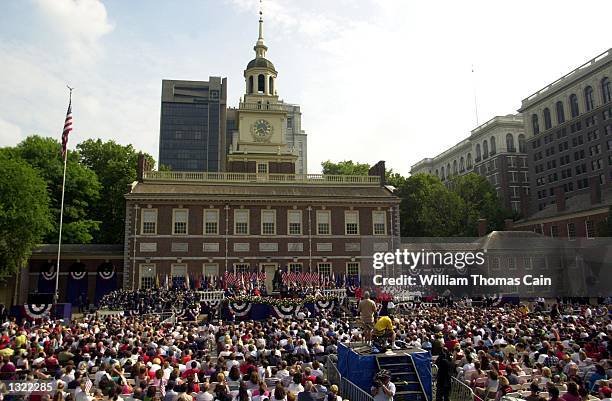 Crowds gather at Independence Hall to listen to U.S. President George W. Bush speak at Independence Day festivities July 4, 2001 in Philadelphia.