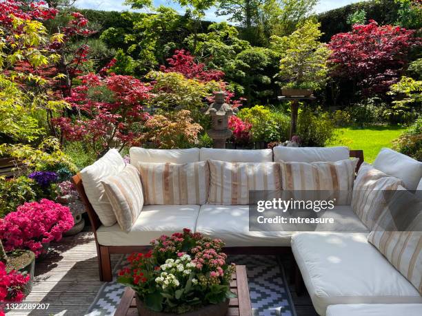 immagine di area relax all'aperto su soleggiata terrazza da giardino estiva con tappeto esterno, scanalato, ponte in legno imbiancato, posti a sedere in legno con cuscini, bonsai, maples giapponesi, giardino di design orientale paesaggistico, focus sul pri - azalea foto e immagini stock