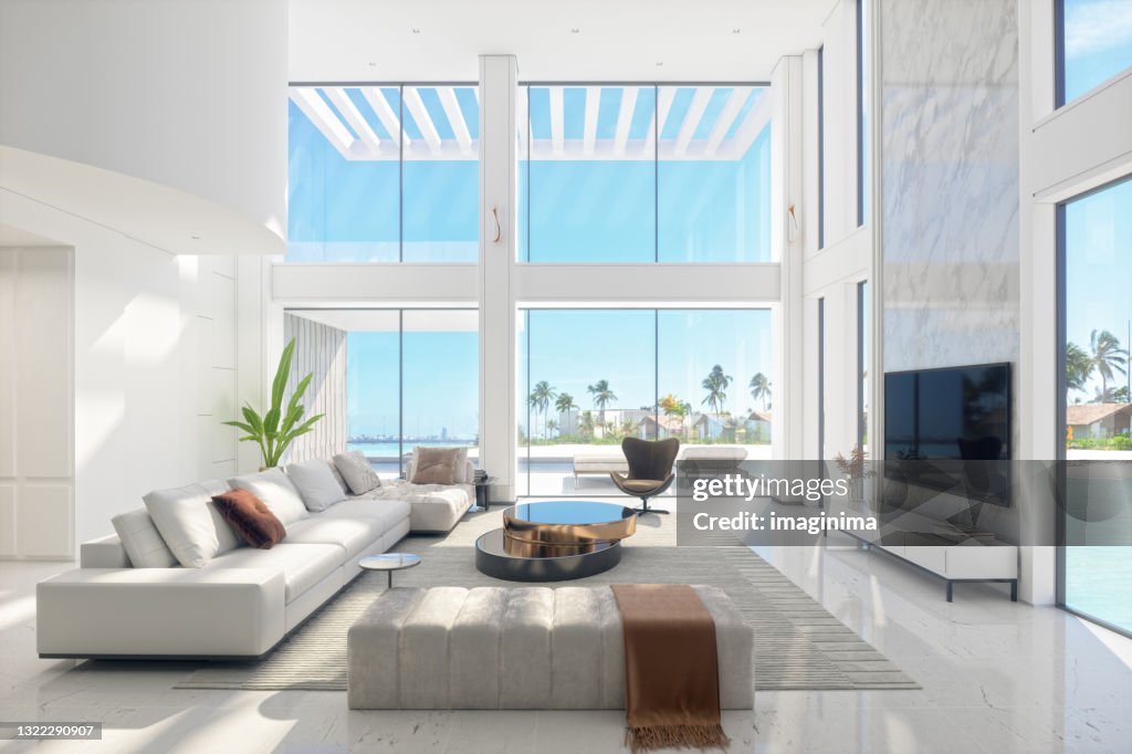 Luxuriöses modernes Wohnzimmer-Interieur mit Panoramablick auf das Meer