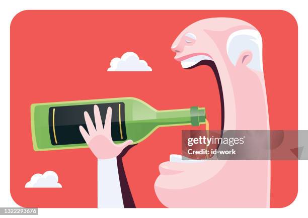 ilustraciones, imágenes clip art, dibujos animados e iconos de stock de hombre mayor sosteniendo botellas de cerveza y bebiendo - sediento