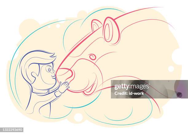 little boy kissing with bear lines drawing - obedience class stock illustrations