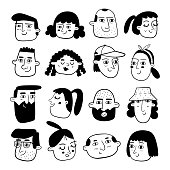 Hand drawn set of people faces in black and white. Portraits of various men and women.export.dat