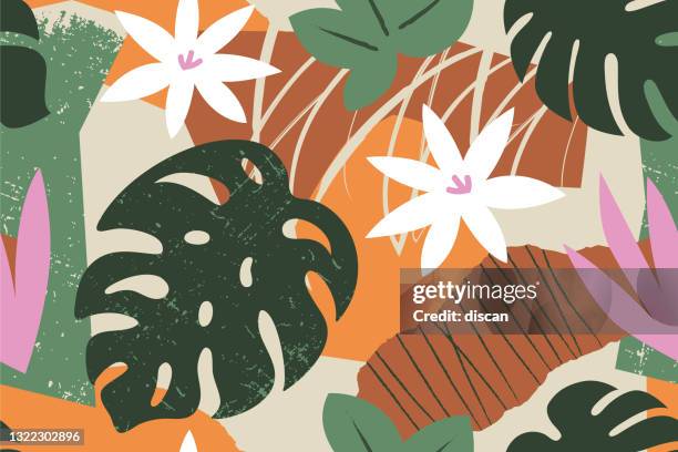 stockillustraties, clipart, cartoons en iconen met collage eigentijds bloemen naadloos patroon. de moderne exotische wildernisvruchten en plantenillustratie in vector. - beach stock illustrations