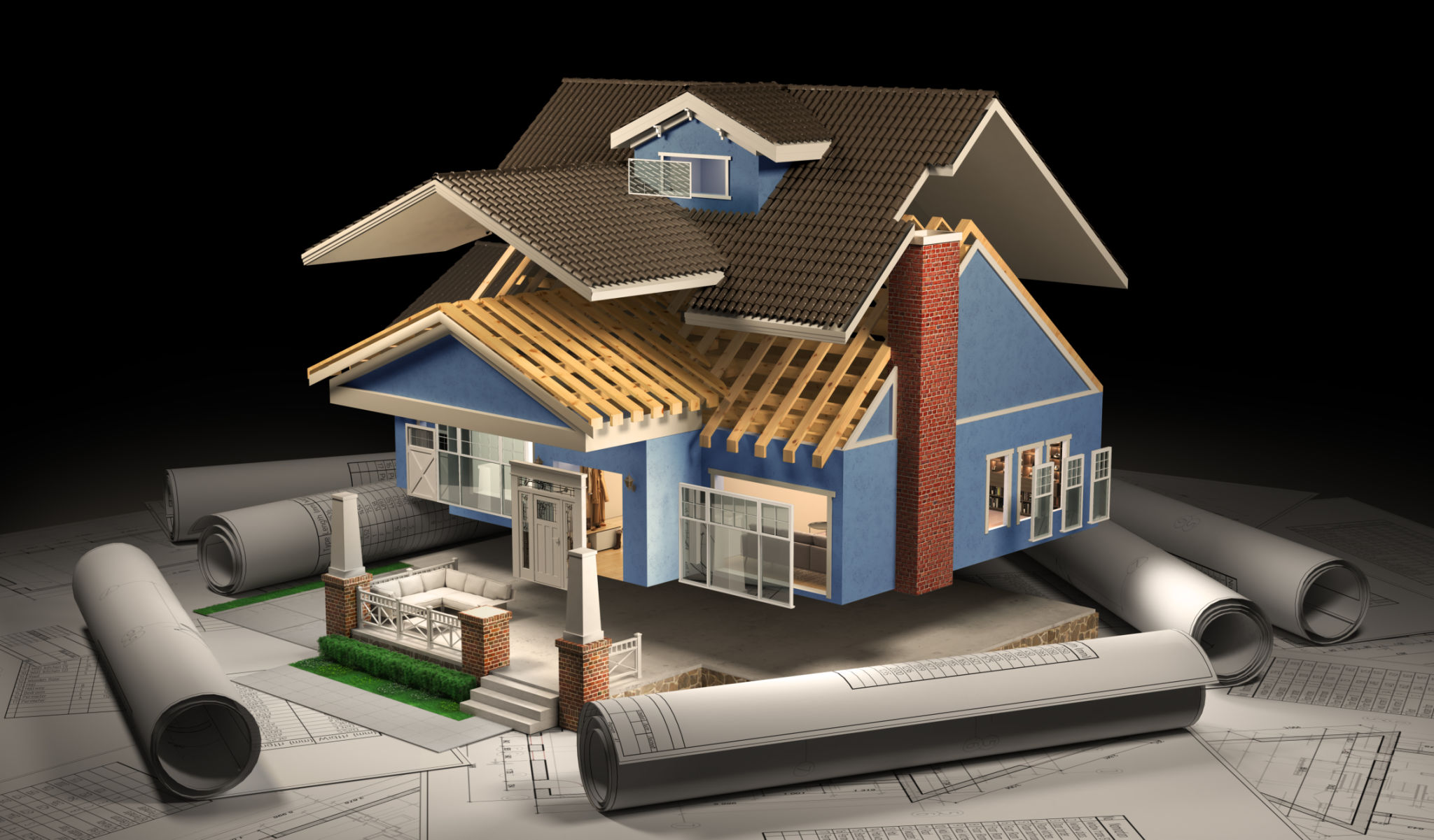 Sliced house with furniture and blueprints in the dark. 3d illustration Sliced house with furniture and blueprints in the dark. 3d illustration