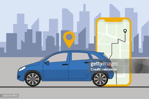 online car sharing service remote controlled via smartphone app city transportation, traffic on the highway with smartphone car app and city skyline - sports utility vehicle stock illustrations