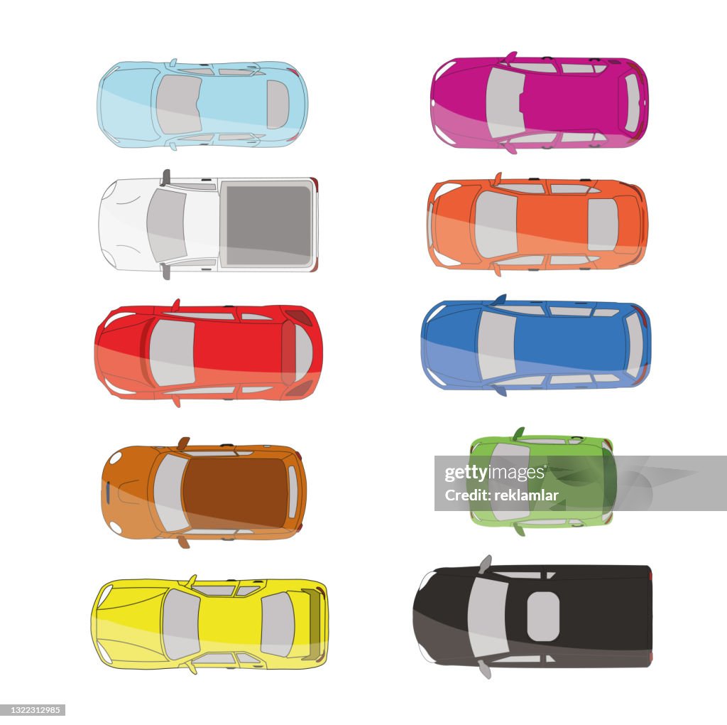 Auto in alto vista vettore piatto. Set di icone di trasporto veicoli. Auto per il trasporto, illustrazione icona auto isolata su sfondo piagnucolare.