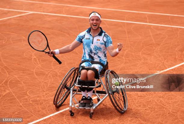 Alfie Hewett of Great Britain celebrates match point in their Men’s Wheelchair Singles final against Shingo Kunieda of Japan during day nine of the...