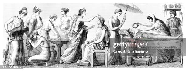 ancient greek women costumes illustration - funeral stock illustrations