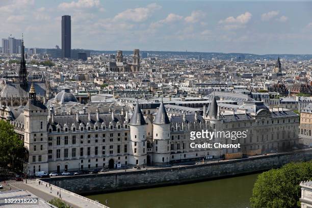 The Conciergerie is seen from the zinc-topped terrace of the Saint-Jacques Tower on June 07, 2021 in Paris, France. The Saint-Jacques Tower reopens...
