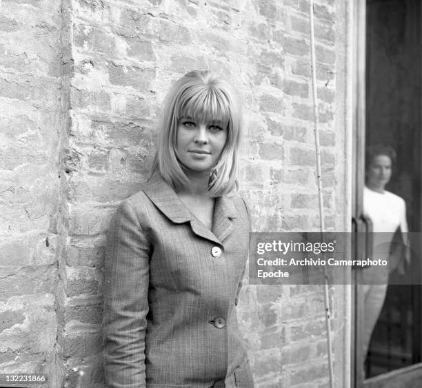 American actress Sue Lyon portrayed against a wall, Venice, 1973.