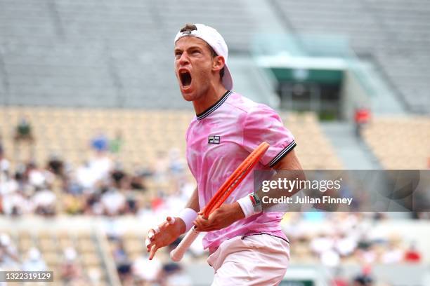 Diego Schwartzman of Argentina celebrates in their mens singles fourth round match against Jan-Lennard Struff of Germany during day nine of the 2021...