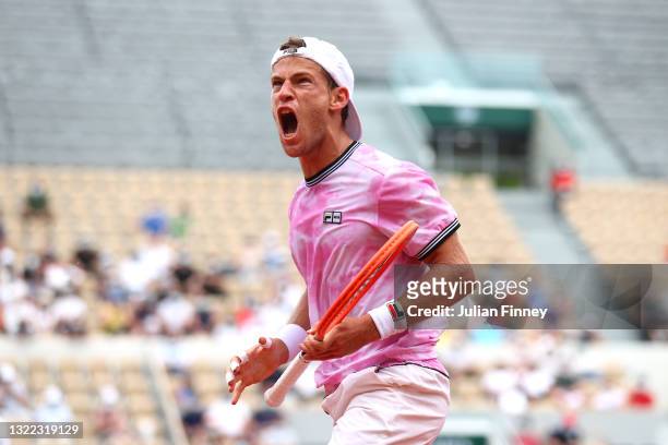 Diego Schwartzman of Argentina celebrates in their mens singles fourth round match against Jan-Lennard Struff of Germany during day nine of the 2021...