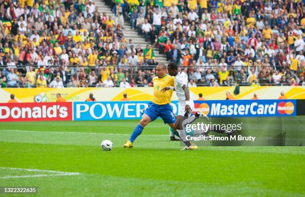 Ronaldo of Brazil scores a goal during the World Cup Round of 16 match between Ghana and Brazil at the Signal-Iduna Park on June 27, 2006 in...