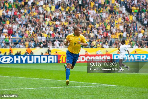Ronaldo of Brazil celebrates after scores a goal during the World Cup Round of 16 match between Ghana and Brazil at the Signal-Iduna Park on June 27,...