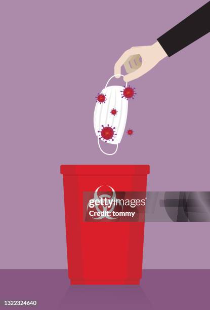 the hand leaves a mask with a virus to trash - surgical mask stock illustrations