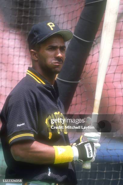 Cecil Espy of the Pittsburgh Pirates looks on during batting practice of a baseball game on against the San Francisco Giants on May 21, 1992 at...
