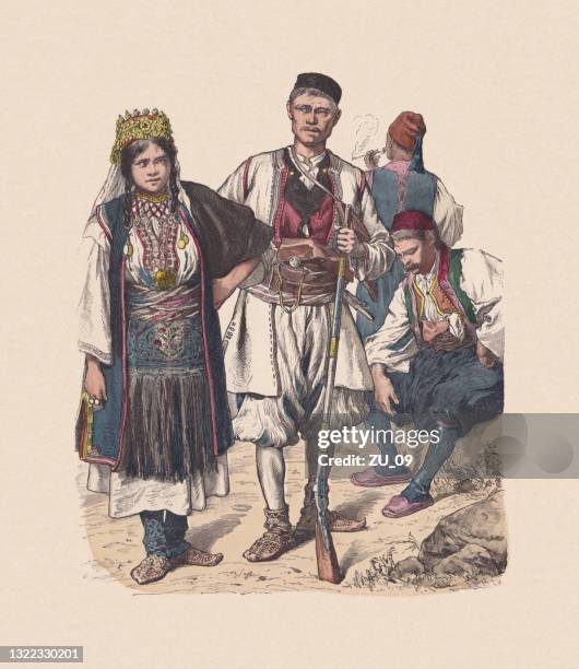 illustrations, cliparts, dessins animés et icônes de 19ème siècle, costumes dalmates, gravure sur bois colorée à la main, publié vers 1880 - dubrovnik