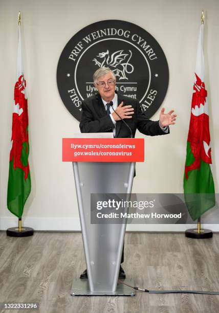 First Minister of Wales Mark Drakeford speaks during a press conference at the Welsh Government building in Cathays Park on June 7, 2021 in Cardiff,...