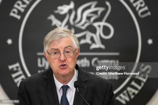 First Minister of Wales Mark Drakeford speaks during a press conference at the Welsh Government building in Cathays Park on June 7, 2021 in Cardiff,...