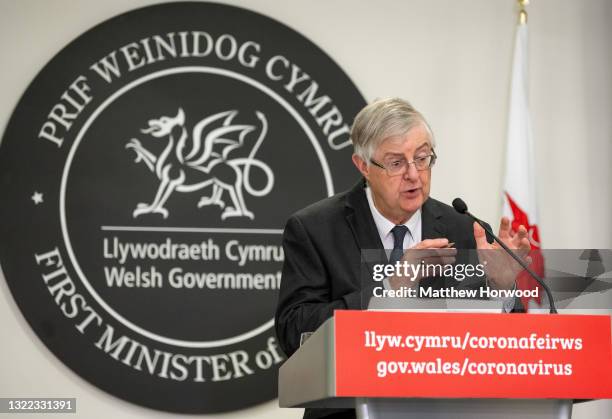 First Minister of Wales Mark Drakeford speaks during a press conference at the Welsh Government building in Cathays Park on June 7, 2021 in Cardiff,...