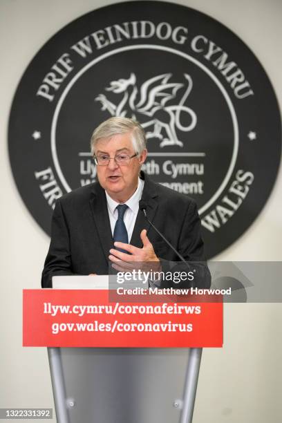 First Minister of Wales Mark Drakeford speaks during a press conference at the Welsh Government building in Cathays Park on June 7, 2021 in Cardiff,...