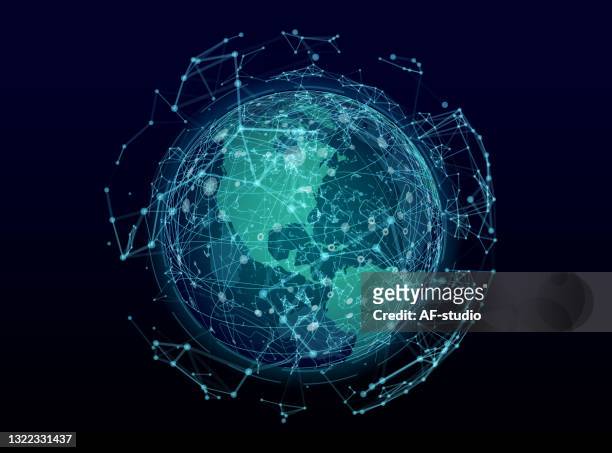 ilustraciones, imágenes clip art, dibujos animados e iconos de stock de fondo abstracto del mapa del mundo de la red - conexión global