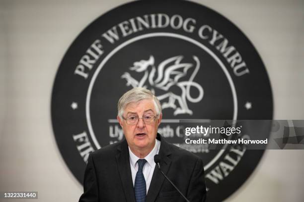 First Minister of Wales Mark Drakeford speaks during a press conference at the Welsh Government building in Cathays Park on June 7, 2021 in Cardiff,...