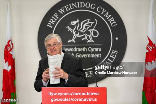 First Minister of Wales Mark Drakeford speaks during a press conference at the Welsh Government building in Cathays Park on June 7, 2021 in Cardiff,...