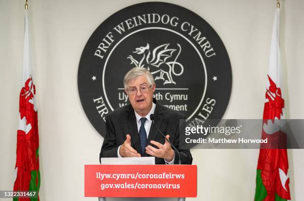 First Minister of Wales Mark Drakeford speaks during a press conference at the Welsh Government building in Cathays Park on June 7, 2021 in Cardiff,...