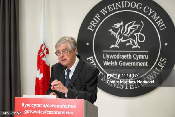 First Minister of Wales Mark Drakeford speaks during a press conference at the Welsh Government building in Cathays Park on June 7, 2021 in Cardiff,...