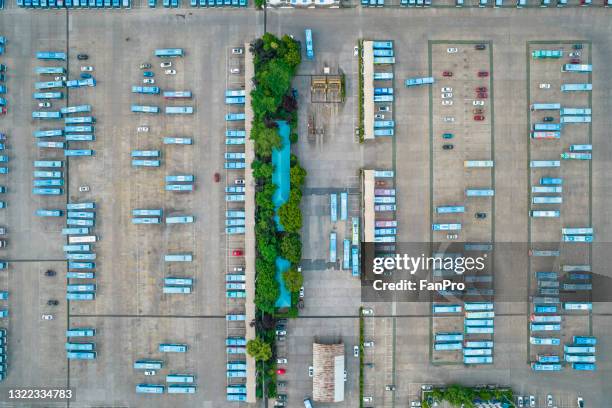 aerial view of coach parking lot - electric fan fotografías e imágenes de stock