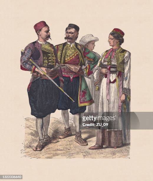 illustrations, cliparts, dessins animés et icônes de 19ème siècle, costumes dalmates, gravure sur bois colorée à la main, publié vers 1880 - dubrovnik