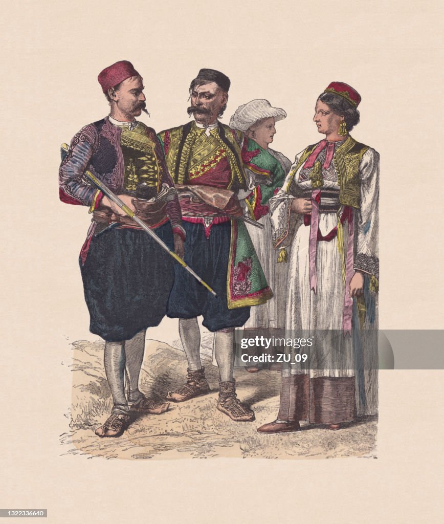 19th century, Dalmatian costumes, hand-colored wood engraving, published ca. 1880