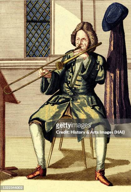 Man playing the sackbut , Engraving by J,C, Weigel , Early trombone.