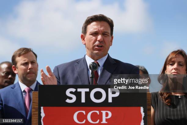 Florida Gov. Ron DeSantis speaks during a press conference held at the Florida National Guard Robert A. Ballard Armory on June 07, 2021 in Miami,...