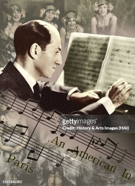 George Gershwin, Collage and graphic compilation, American composer and pianist; 1898-1937, With the score of Porgy and Bess.
