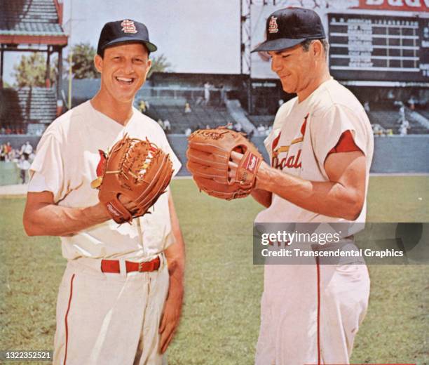 Portrait of baseball players Stan Musial and Ken Boyer, both of the St Louis Cardinals, as they pose together, St Louis, Missouri, summer 1961. The...