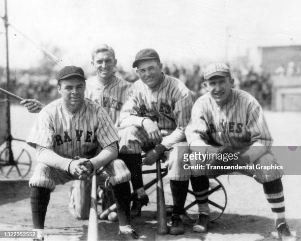 Portrait of baseball players, among them Rogers Hornsby , all of the Boston Braves, as they pose together at spring training, St Petersburg, Florida,...