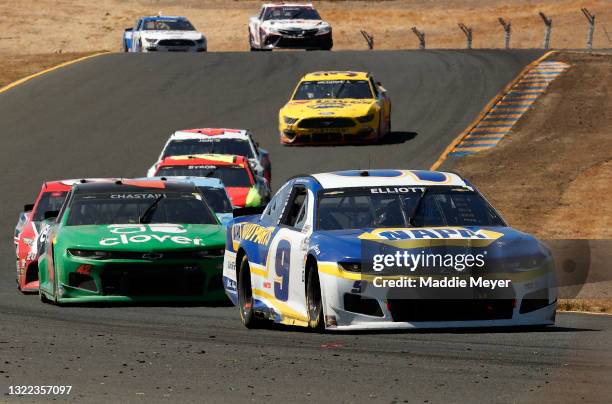 Chase Elliott, driver of the NAPA Auto Parts Chevrolet, leads the field during the NASCAR Cup Series Toyota/Save Mart 350 at Sonoma Raceway on June...