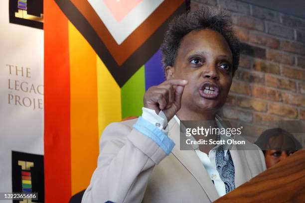 Chicago Mayor Lori Lightfoot speaks to guests at an event held to celebrate Pride Month at the Center on Halstead, a lesbian, gay, bisexual, and...
