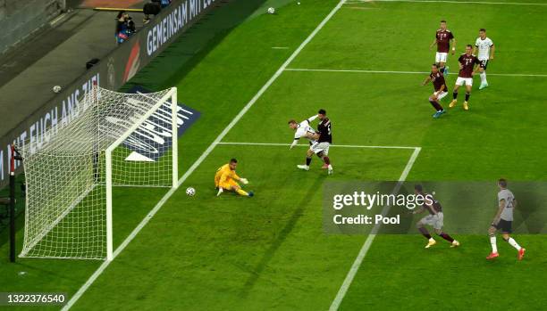 Timo Werner of Germany scores their sides sixth goal past Roberts Ozols of Latvia during the international friendly match between Germany and Latvia...