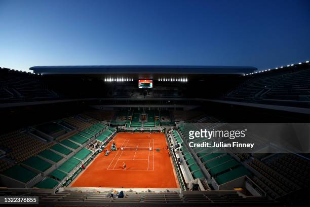 General view of Court Philippe Chatrier as Marta Kostyuk of Ukraine faces Iga Swiatek of Poland in the ladies singles fourth round during day nine of...