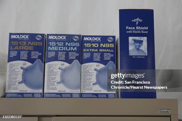 Boxes of masks and face shields are seen at the drive through COVID-19 testing site at Zuckerberg San Francisco General Hospital and Trauma Center on...