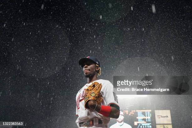 Nick Gordon of the Minnesota Twins looks on in the rain against the Baltimore Orioles on May 24, 2021 at Target Field in Minneapolis, Minnesota.