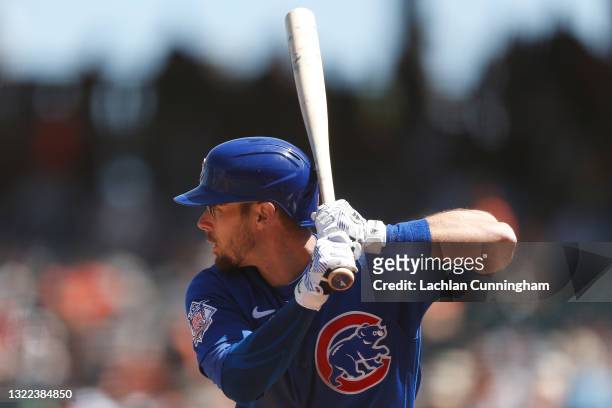 Eric Sogard of the Chicago Cubs at bat against the San Francisco Giants at Oracle Park on June 06, 2021 in San Francisco, California.