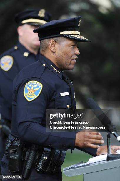 Police Chief Bill Scott speaks during a press conference at Alamo Square Park about a new bill to close a loophole in prosecuting automobile...