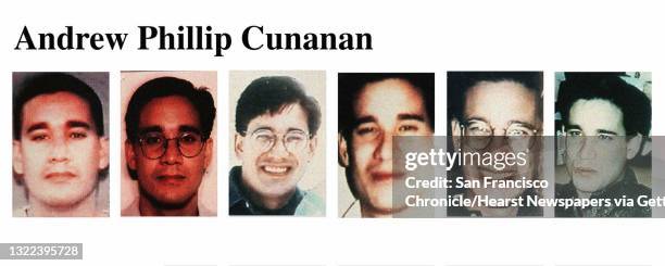 This FBI handout shows various photos of Andrew Phillip Cunanan, who is wanted in connection with several murders in the United States, including the...
