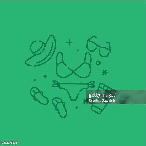 colorful summer beach wear vacation elements thin line icon set - editable stroke - sunscreen hat stock illustrations