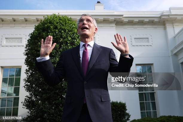 Secretary General Jens Stoltenberg talks to reporters following a meeting with President Joe Biden at the White House on June 7, 2021 in Washington,...